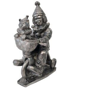 Vintage micheal ricker Pewter Clown On Tricycle Figurine With Cat In Basket